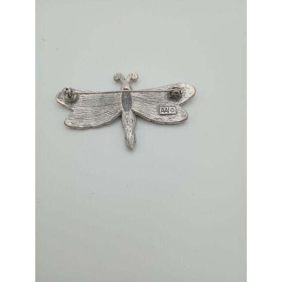 Vintage AAi Dragonfly Brooch Silver Tone Green Black Rhinestones - Picture 2 of 5